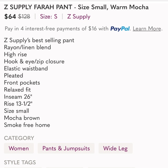 Z SUPPLY FARAH PANT - Size medium ,Warm Mocha - Picture 1 of 4